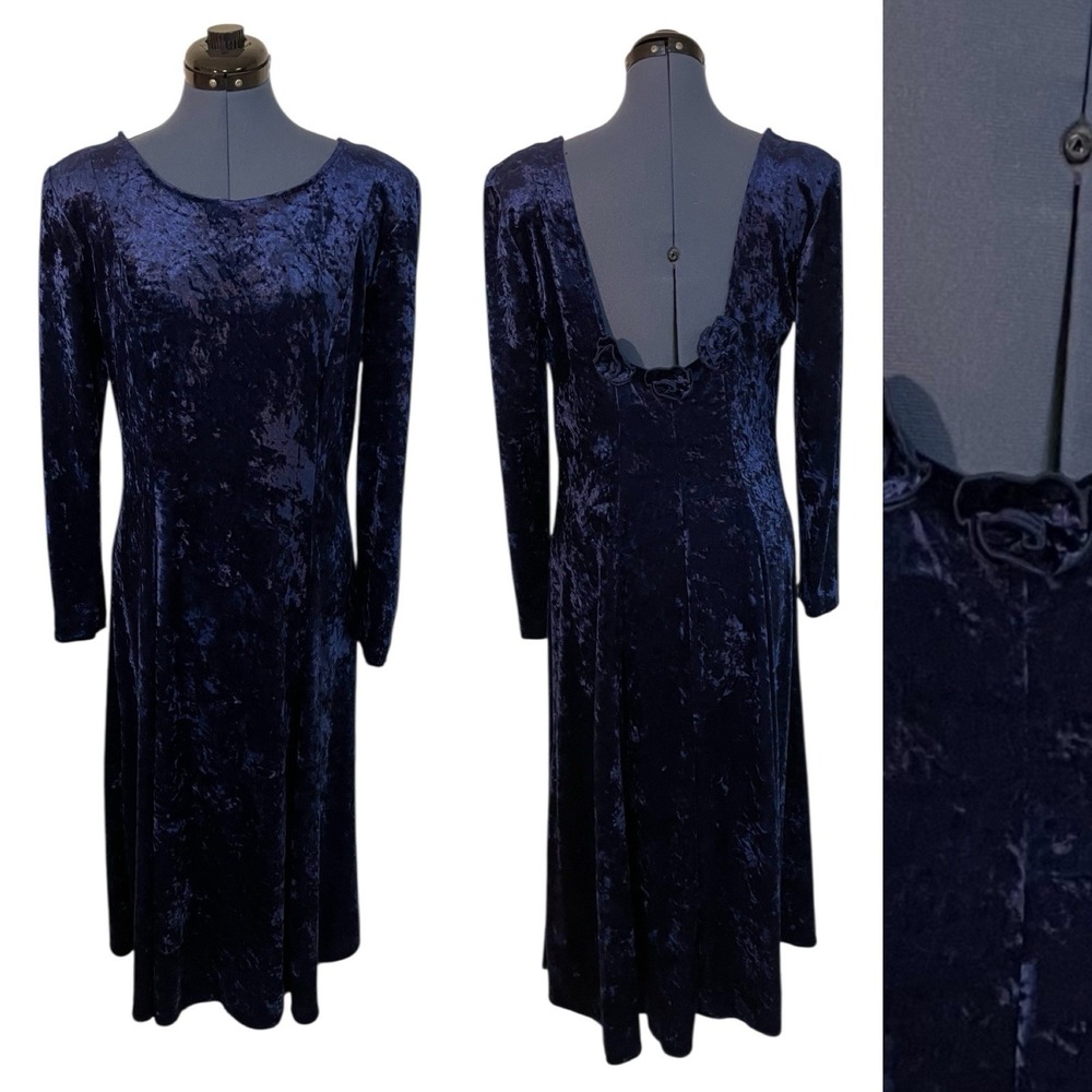 Vtg Molly‎ Malloy Blue Velvet 3D Floral Scoop Back Maxi Dress 90s Party XMAS 12